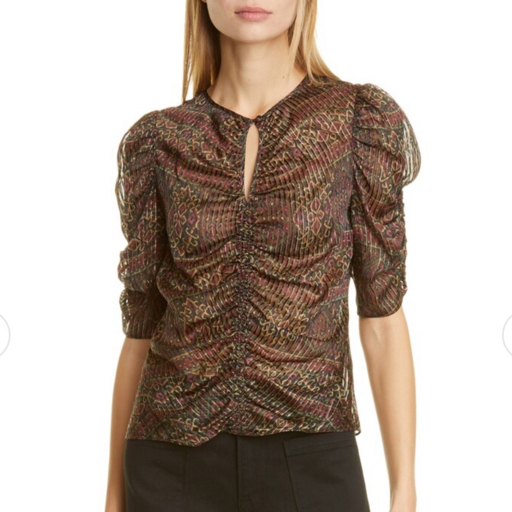 Frame Shirred Keyhole Metallic Silk Ruched Blouse top